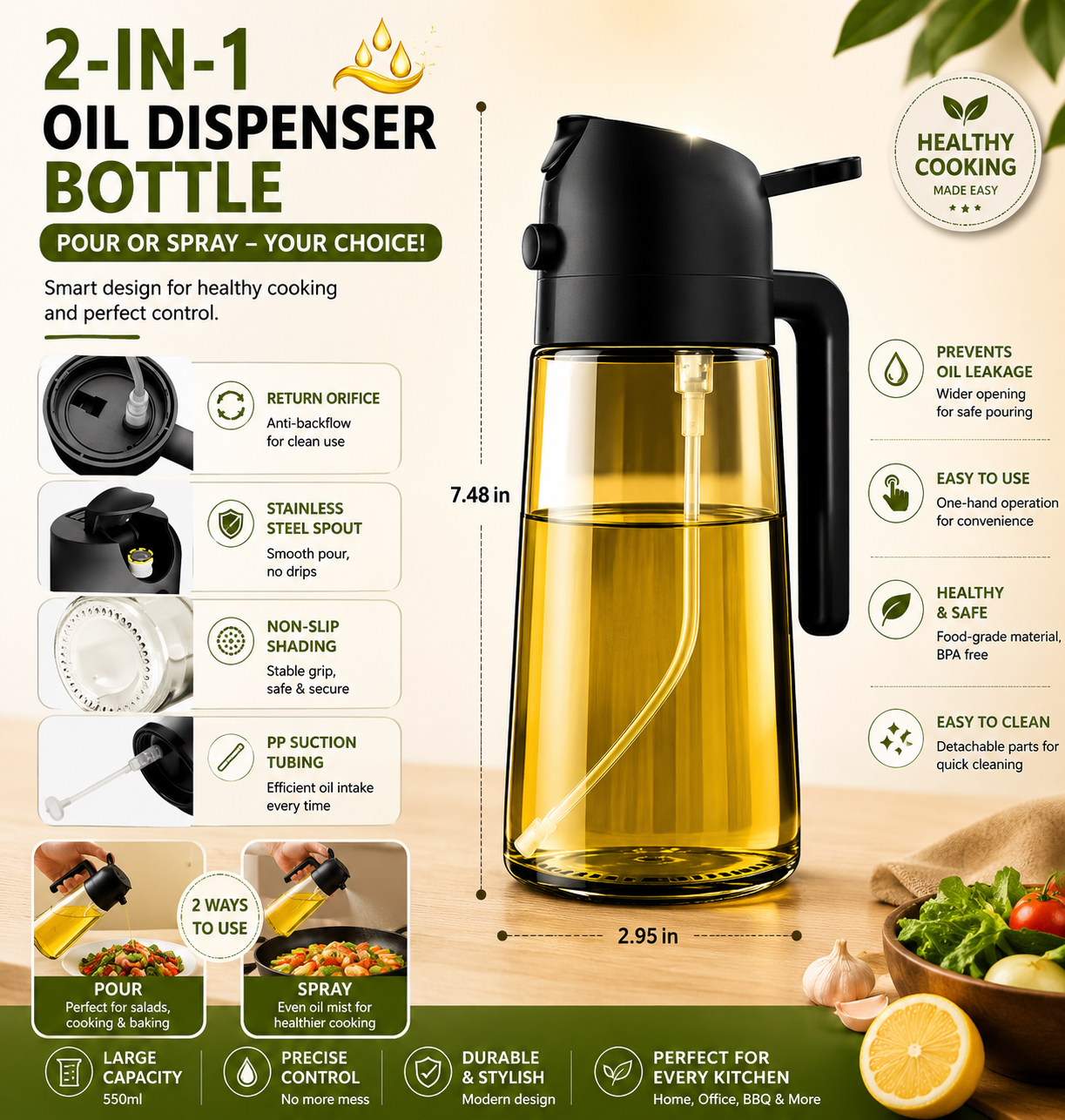 ✨ 2-IN-1 Oil Dispenser Bottle – Smart Cooking Made Easy 🍳