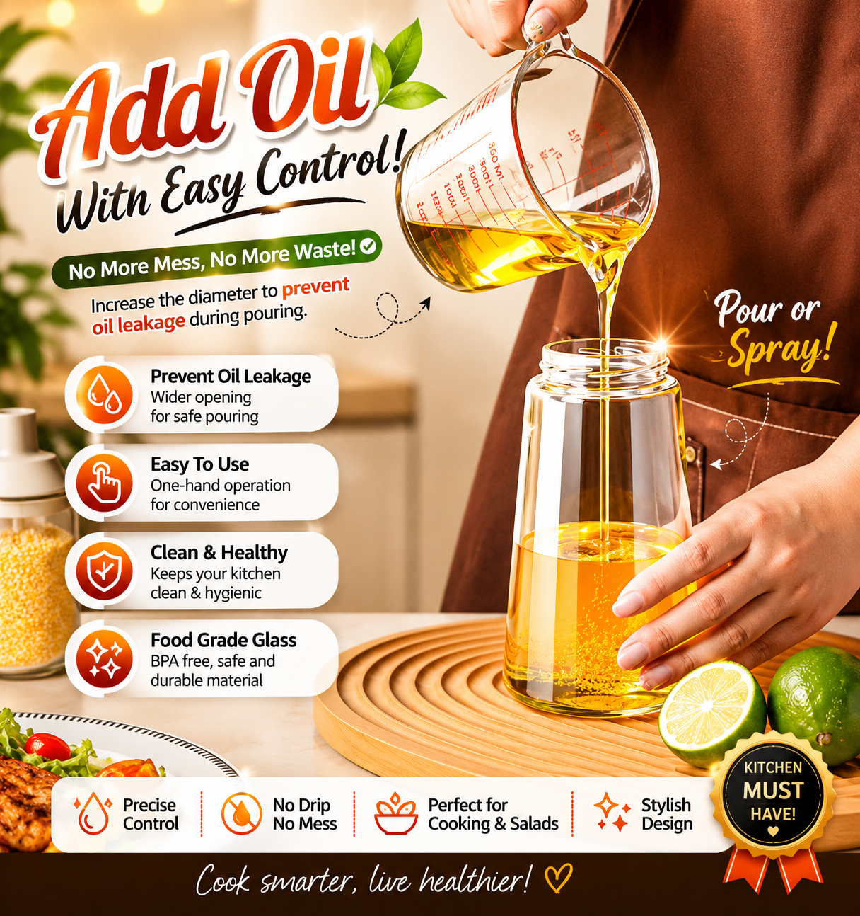 ✨ 2-IN-1 Oil Dispenser Bottle – Smart Cooking Made Easy 🍳