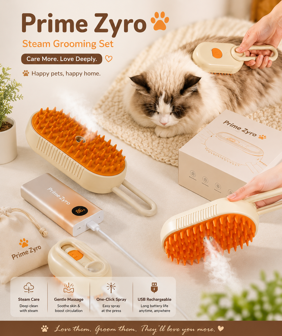 🐾 Prime Zyro Steam Grooming Brush – Soft Care for Happy Pets