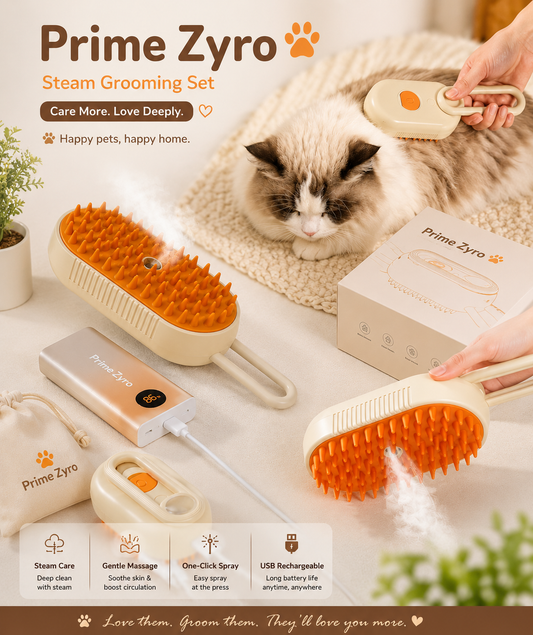 🐾 Prime Zyro Steam Grooming Brush – Soft Care for Happy Pets