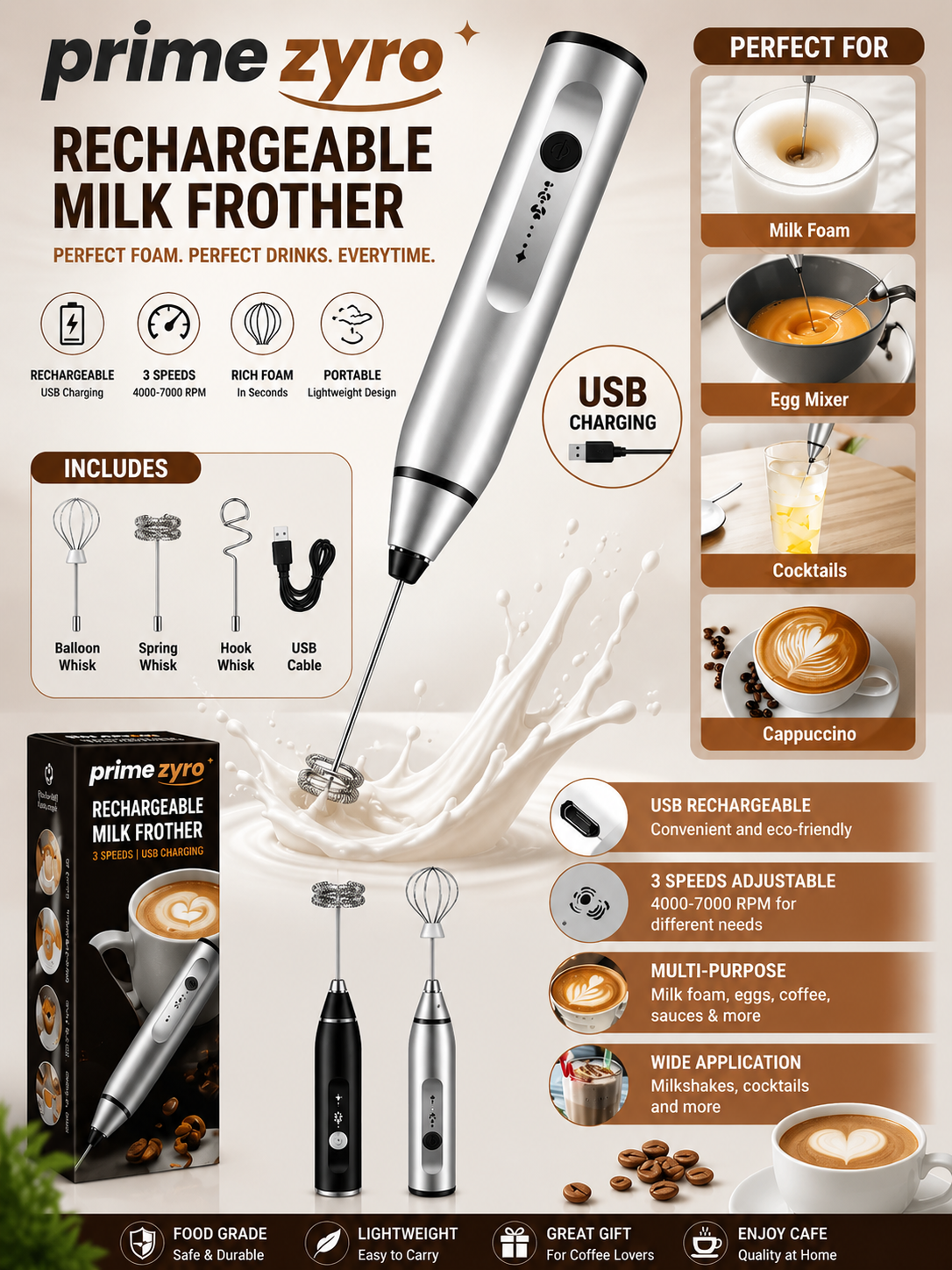 ☕✨ PRIME ZYRO Rechargeable Milk Frother ✨☕