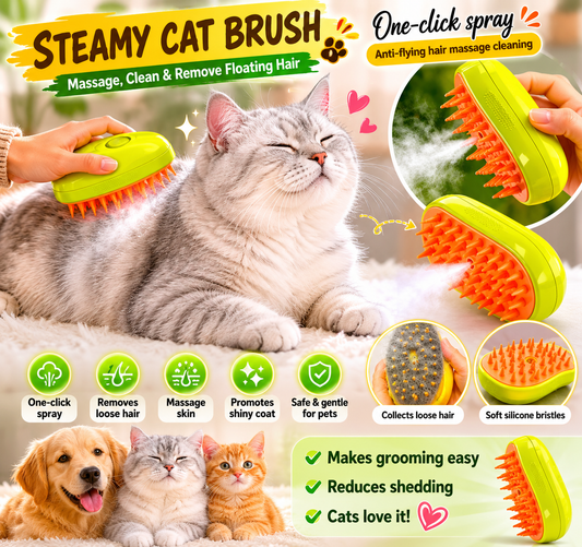 🐾 Steamy Cat Brush – Gentle Grooming Your Cat Will Love